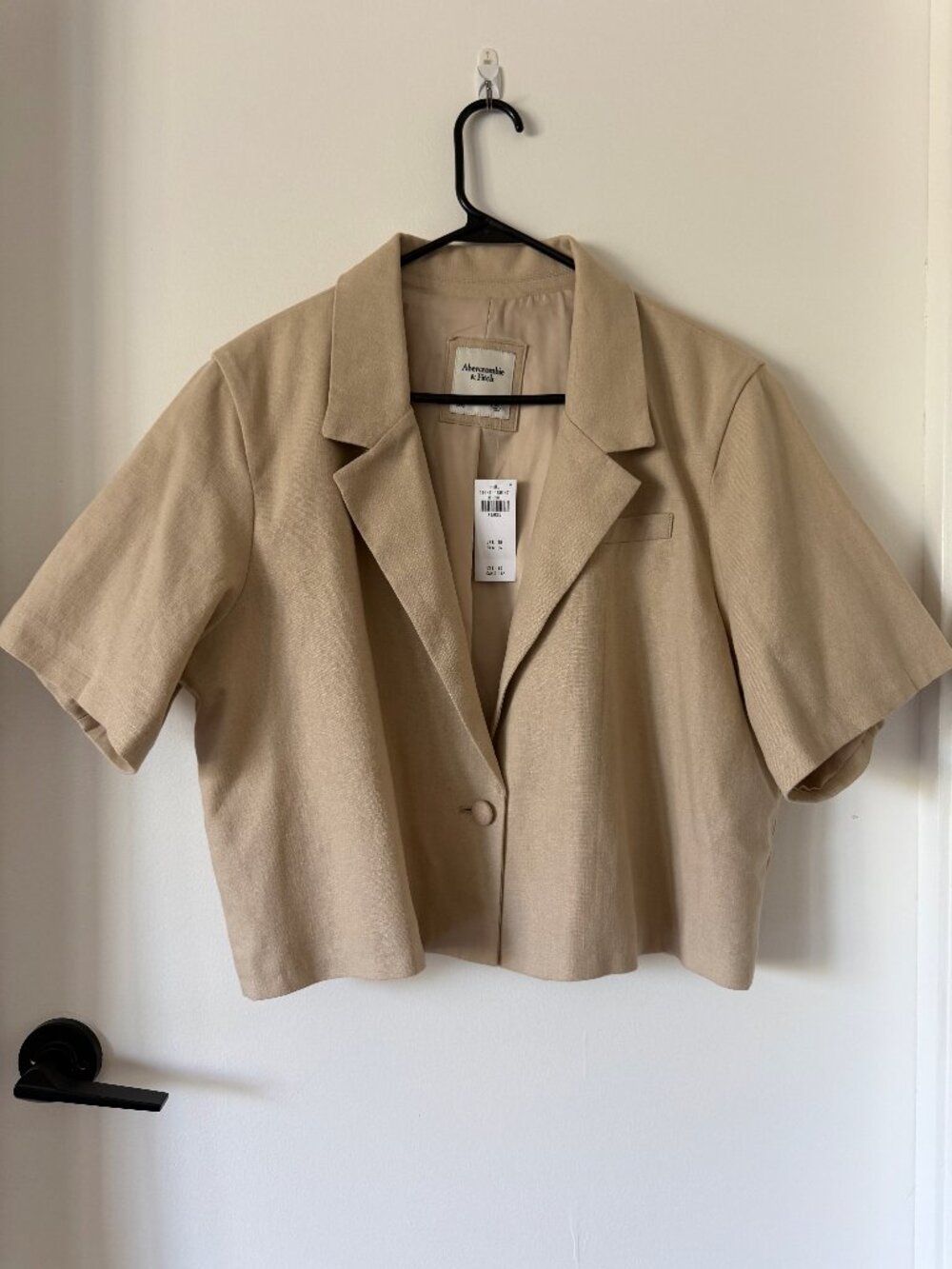 NWT Abercrombie & Fitch Cropped Linen Blend Short Sleeve Blazer Jacket Beige XL - Picture 1 of 7